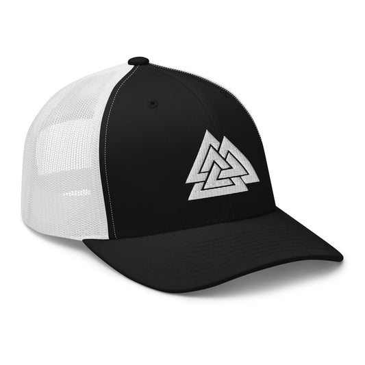 Black trucker hat featuring White Viking The valknut Triangles of Power embroidered artwork, product image 1