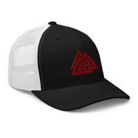 Navy trucker hat featuring Red Viking The valknut Triangles of Power embroidered artwork, product image 3