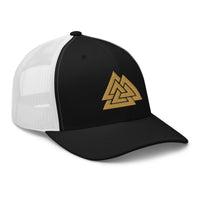 Navy trucker hat featuring Old Gold Viking The valknut Triangles of Power embroidered artwork, product image 3