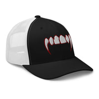 Navy trucker hat featuring Bloody Dracula Vampire Fangs embroidered artwork, product image 3