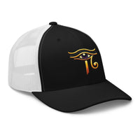Charcoal/ Black trucker hat featuring Sun God Eye of Ra embroidered artwork, product image 4