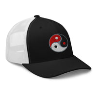 Charcoal/ Black trucker hat featuring Triple Yin Yang Chinese Symbol embroidered artwork, product image 4