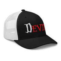 Navy/ White trucker hat featuring The Devil Is Evil embroidered artwork, product image 4