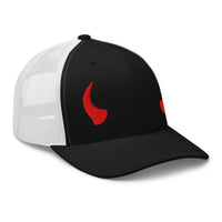 Navy/ White trucker hat featuring Red Devil Horns embroidered artwork, product image 4