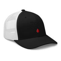 Pink trucker hat featuring True Crime Blood Drop embroidered artwork, product image 5