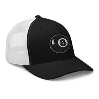 Pink trucker hat featuring Black 8 Ball Billiards embroidered artwork, product image 5