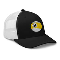 Charcoal/ Black trucker hat featuring Nine Ball Stripe Billiards embroidered artwork, product image 4
