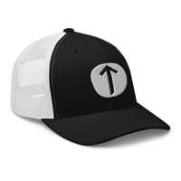 Charcoal/ Black trucker hat featuring Tiwaz Rune embroidered artwork, product image 4
