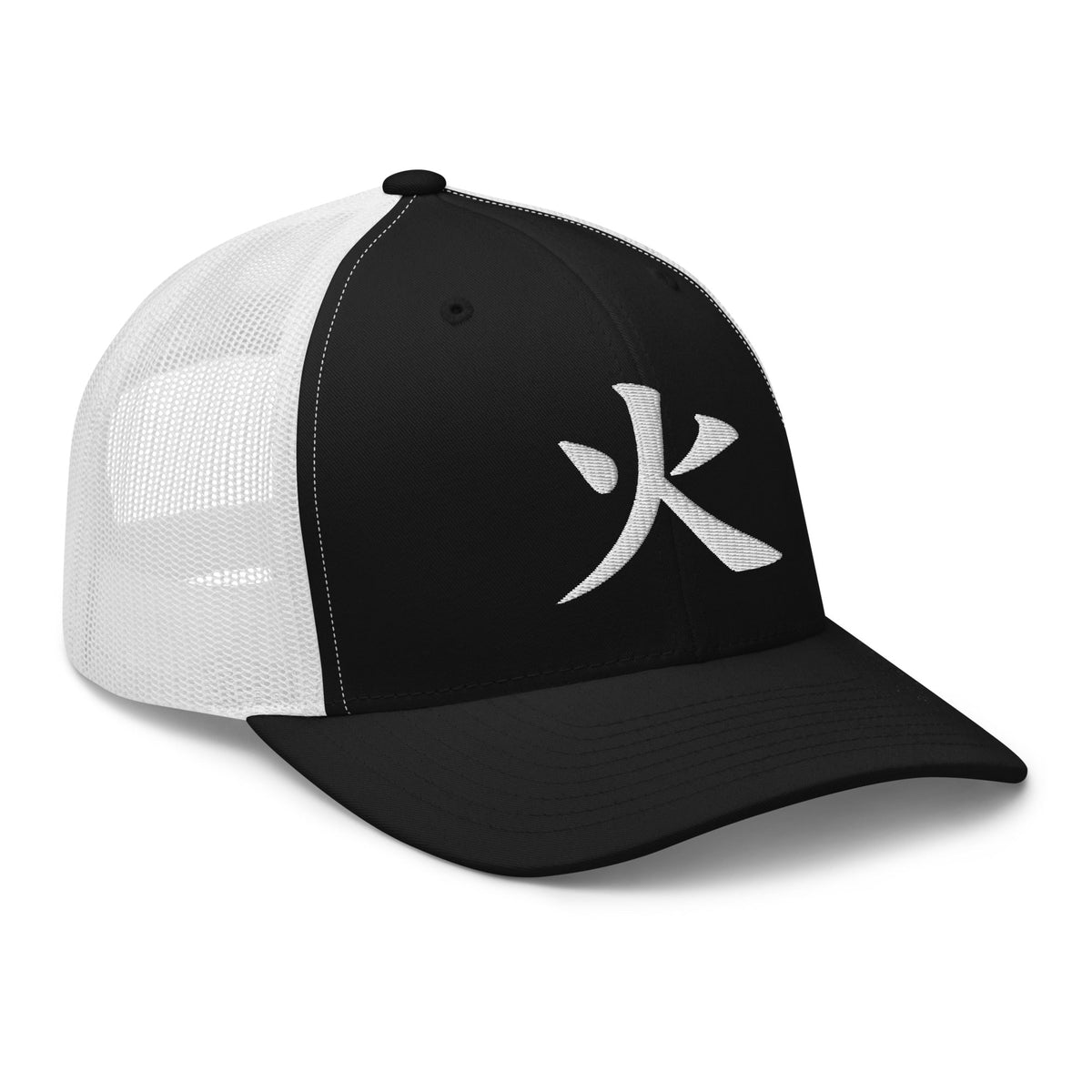 Charcoal/ Black trucker hat featuring Japanese Kanji Fire 火 embroidered artwork, product image 4