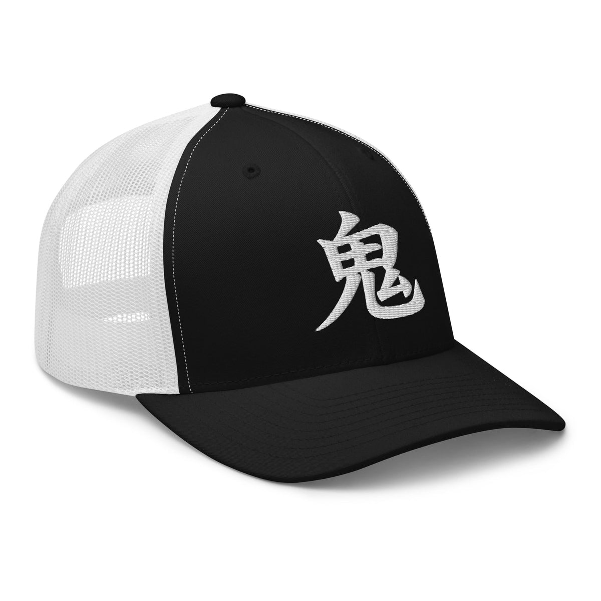 Charcoal/ Black trucker hat featuring Japanese Kanji Demon 鬼 embroidered artwork, product image 4