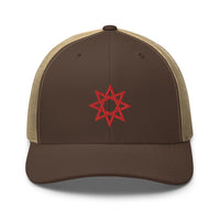 trucker hat featuring Red 8 Point Star Octagram Anu God Embroidered Retro embroidered artwork, product image 15