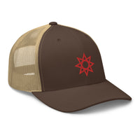 trucker hat featuring Red 8 Point Star Octagram Anu God Embroidered Retro embroidered artwork, product image 16