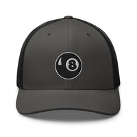 Khaki trucker hat featuring 8 Ball Pool Billiards Embroidered Retro embroidered artwork, product image 11