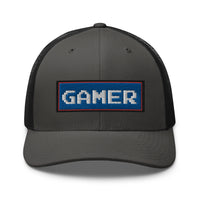 Pink trucker hat featuring 80's Retro Style 8 Bit Gamer embroidered artwork, product image 9