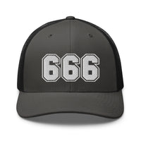 Heather/ Black trucker hat featuring White 666 Number of the Beast Embroidered Retro embroidered artwork, product image 10