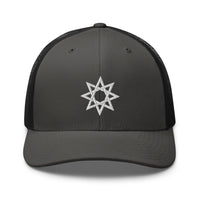 Pink trucker hat featuring White 8 Point Star Octagram Anu God Embroidered Retro embroidered artwork, product image 9