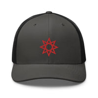 Khaki trucker hat featuring Red 8 Point Star Octagram Anu God Embroidered Retro embroidered artwork, product image 11