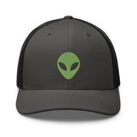 White trucker hat featuring Alien Face Little Green Men Embroidered Retro embroidered artwork, product image 9
