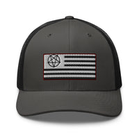 White trucker hat featuring American Satanist Pentagram U.S. Flag embroidered artwork, product image 9