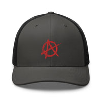 White trucker hat featuring Red Anarchy Sign Punk Rock Chaos Embroidered Retro embroidered artwork, product image 9