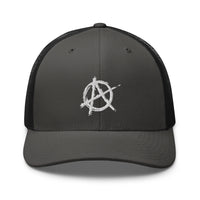 White trucker hat featuring White Anarchy Sign Punk Rock Chaos Embroidered Retro embroidered artwork, product image 9