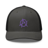 White trucker hat featuring Purple Anarchy Sign Punk Rock Chaos Embroidered Retro embroidered artwork, product image 9