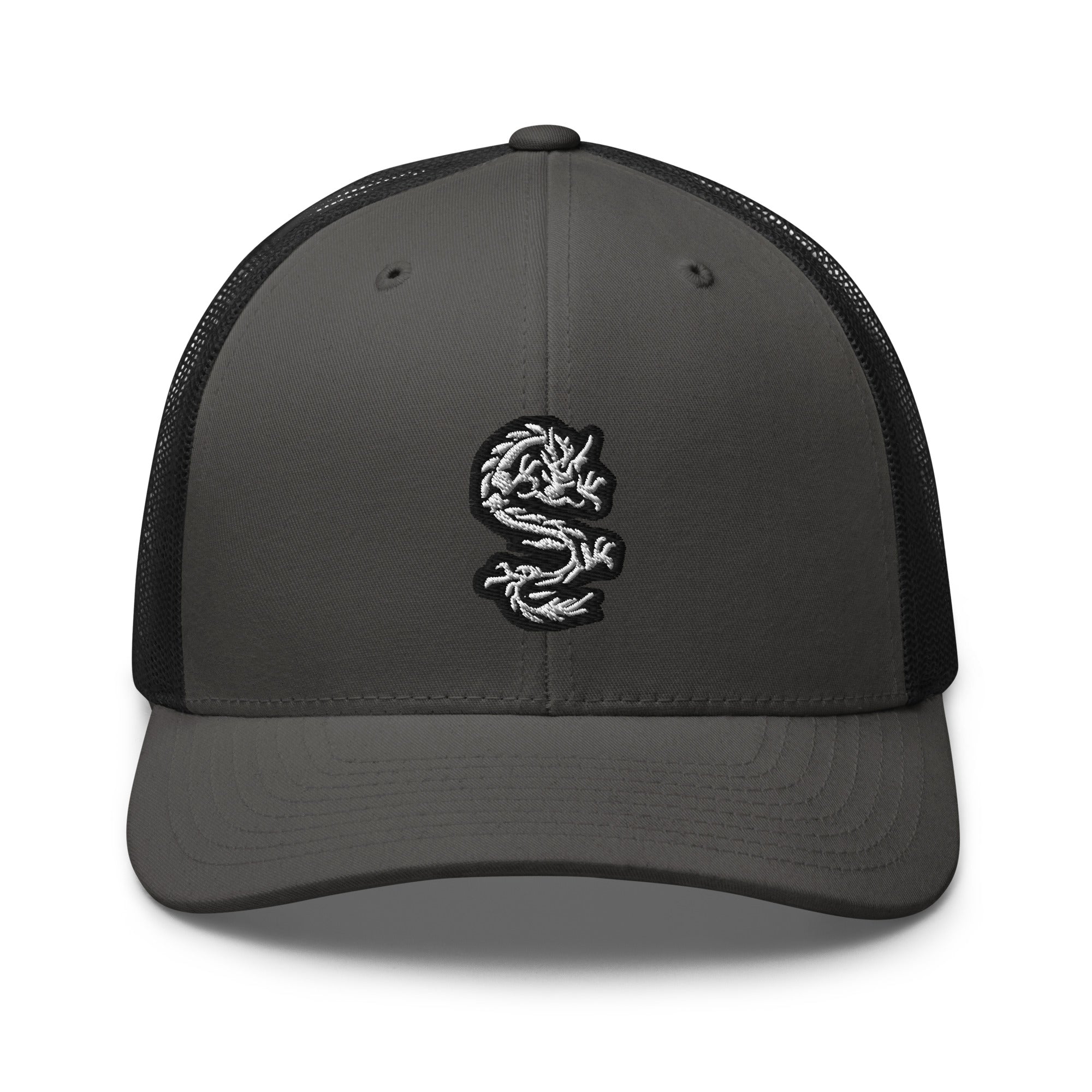 White Ancient Chinese Dragon Embroidered Retro Trucker Cap Snapback Hat