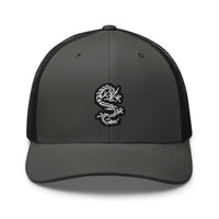 White trucker hat featuring White Ancient Chinese Dragon Embroidered Retro embroidered artwork, product image 9