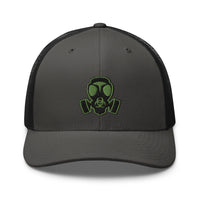 White trucker hat featuring Green Bio Hazard Gas Mask Embroidered Retro embroidered artwork, product image 9