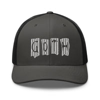 White trucker hat featuring White Vertical Stripe Goth embroidered artwork, product image 9