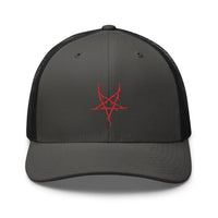 White trucker hat featuring Red Inverted Pentagram Black Metal Style embroidered artwork, product image 9