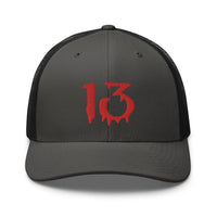 White trucker hat featuring Bloody Number Thirteen 13 Lucky Halloween embroidered artwork, product image 9