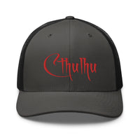 White trucker hat featuring Red Call of Cthulhu Great Old Ones embroidered artwork, product image 9
