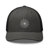 White trucker hat featuring Creepy Spiderweb Halloween Cobweb embroidered artwork, product image 9