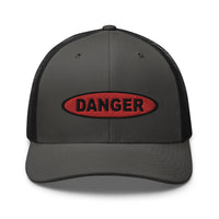 White trucker hat featuring Red Danger Warning Sign Embroidered Retro embroidered artwork, product image 9