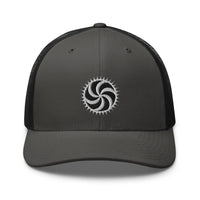 White trucker hat featuring White Deadly Swirl Spike Symbol embroidered artwork, product image 9