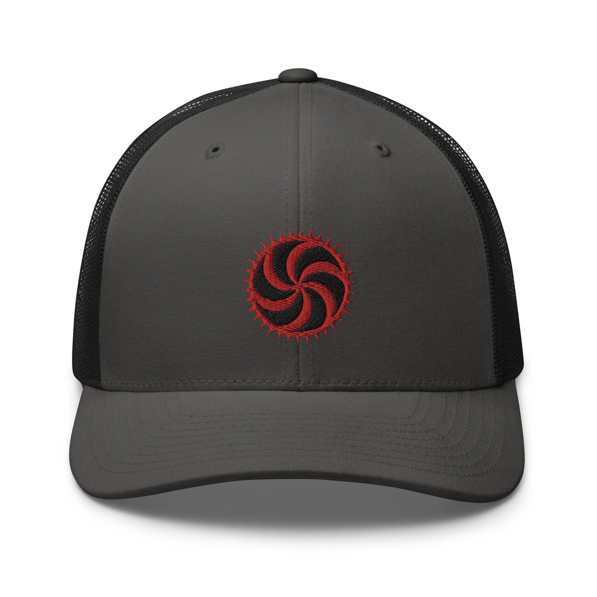 Red Deadly Swirl Spike Symbol Embroidered Trucker Cap Snapback Hat