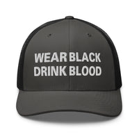 Heather/ Black trucker hat featuring Wear Black Drink Blood embroidered artwork, product image 7