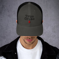 Black/ White trucker hat featuring True Crime Blood Drop embroidered artwork, product image 2