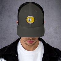 Navy trucker hat featuring Nine Ball Line Billiards embroidered artwork, product image 3