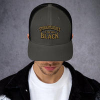 Black/ White trucker hat featuring Straightjacket Is the New Black embroidered artwork, product image 2