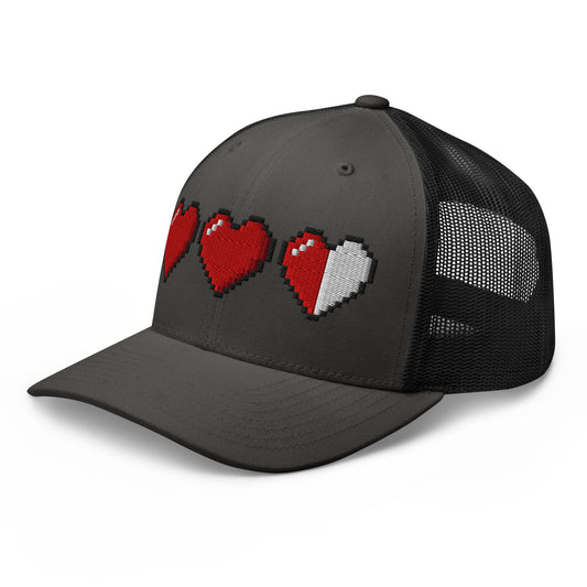 Black trucker hat featuring 3 Heart Meter Retro 8 Bit Video Game Pixelated embroidered artwork, product image 1
