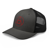 Black trucker hat featuring Philosopher's Stone Red Alchemy Symbol embroidered artwork, product image 1
