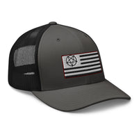 trucker hat featuring American Satanist Pentagram U.S. Flag embroidered artwork, product image 10