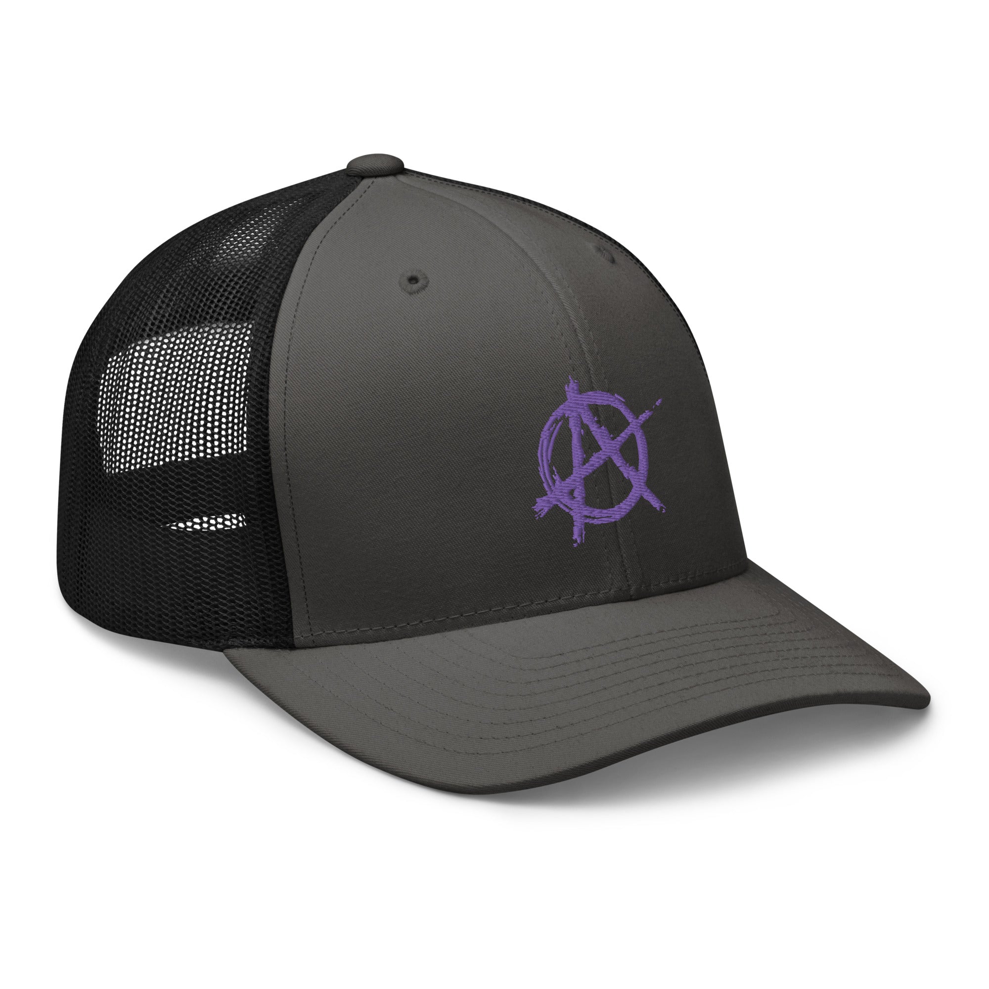 Purple Anarchy Sign Punk Rock Chaos Embroidered Retro Trucker Cap Snapback Hat