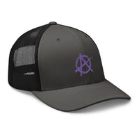 trucker hat featuring Purple Anarchy Sign Punk Rock Chaos Embroidered Retro embroidered artwork, product image 10