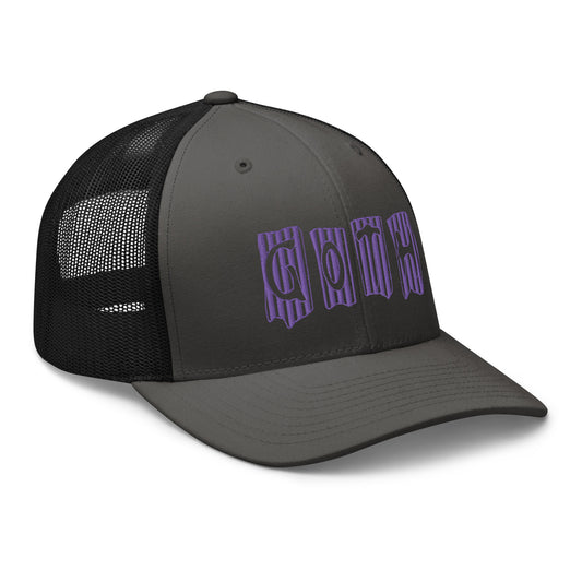 Black trucker hat featuring Purple Vertical Stripe Goth embroidered artwork, product image 1