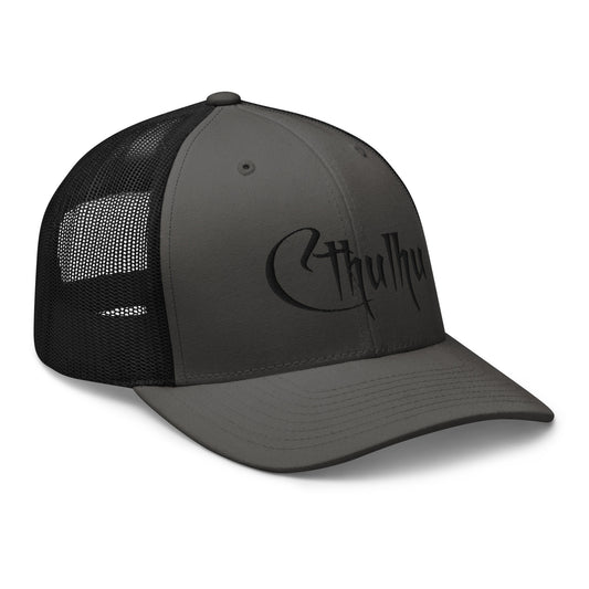 Black trucker hat featuring Black Call of Cthulhu Great Old Ones embroidered artwork, product image 1
