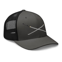 Black trucker hat featuring Dual Samurai Swords Anime Warrior embroidered artwork, product image 1