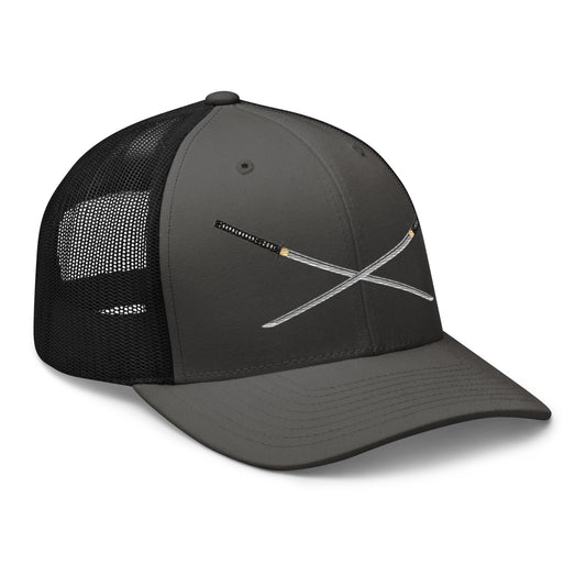Black trucker hat featuring Dual Samurai Swords Anime Warrior embroidered artwork, product image 1